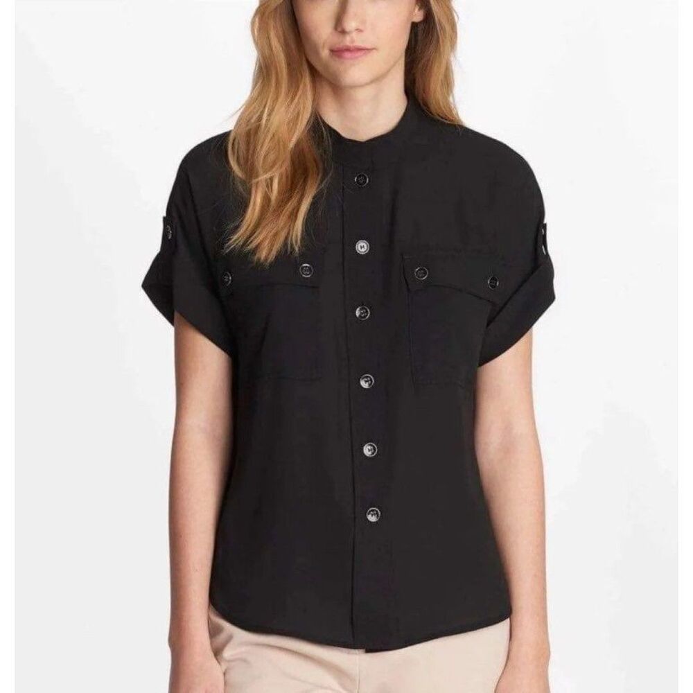Short-Sleeve Button Front Black Women's Shirt